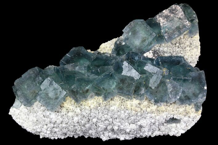 Cubic, Blue-Green Fluorite Crystals on Quartz - China #138712